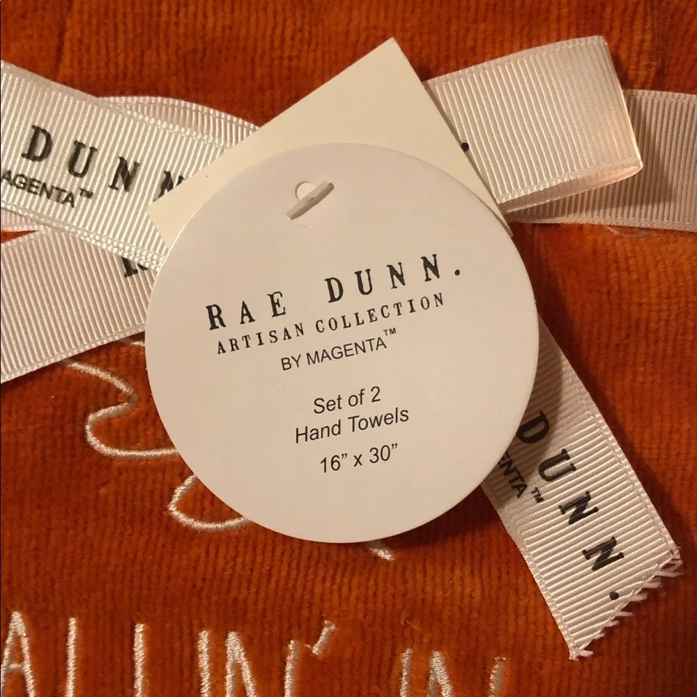 Rae Dunn FALLIN’ IN LOVE Set of 2 Embroidered Hand Towels Orange